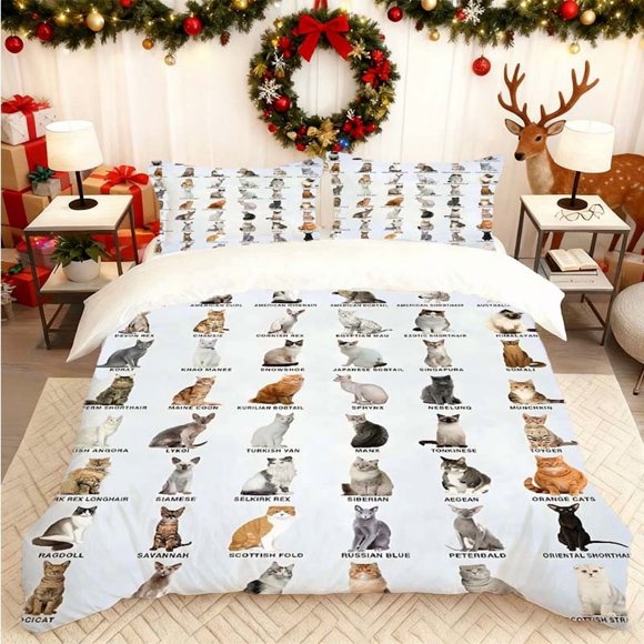 Cat Breed Illustration Printed Duvet Cover Set Bedding Including Duvet Cover and Pillowcases Multi-Color Print Suitable for All Seasons Ideal for Home and Guest
