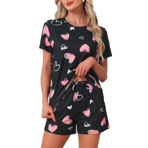 Conjuntos de Pijama de Manga Corta para Mujer INSPIRE CHIC con Bolsillos, Ropa de Dormir Suave con Botones y Pantalones Cortos con Cintura Elástica M Corazones