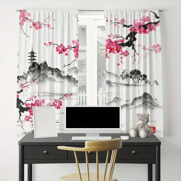 2pcs Aesthetic Cherry Blossom Branches and Mountains Printed Polyester Curtain for Bedroom, Office, Kitchen, Living Room, and Study - Rod Pocket Window Treatment for Home Decor and Room Decoration