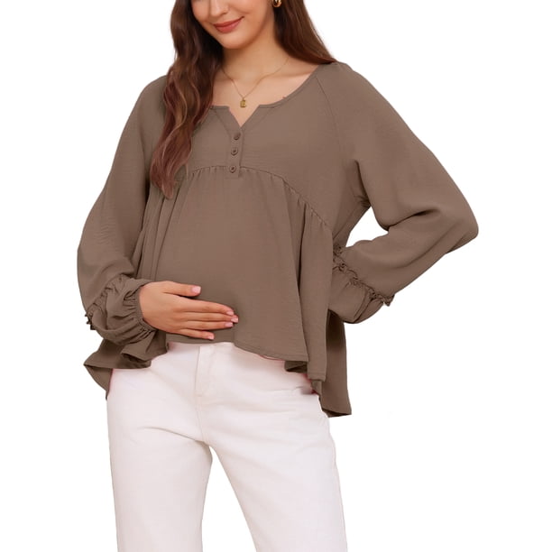 INSPIRE CHIC Blusa de maternidad para mujer, tops altos y bajos, cuello en V, babydoll, botón, manga larga, linterna, plisada, fruncida, volantes, embarazo, M marrón