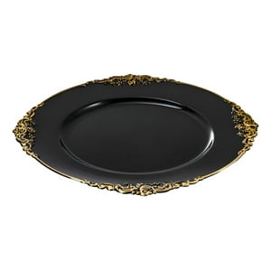 Genérico - Set 3 Bajo Plato Base Negro Y Borde Dorado Decorativo Jhn