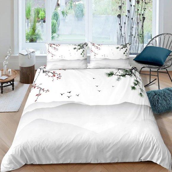 x265 Bed SheetsJapanese-Style Bedding Mountain Peak for Women Men Ink Painting Duvet Cover Hand Painted for Bedroom Room Decoration Grey White 3-Piece Bedding Set (1 Duvet Cover + 2 Pillow Shams) nj26
