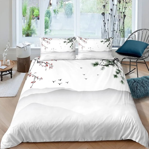 x265 Bed SheetsJapanese-Style Bedding Mountain Peak for Women Men Ink Painting Duvet Cover Hand Painted for Bedroom Room Decoration Grey White 3-Piece Bedding Set (1 Duvet Cover + 2 Pillow Shams) nj26