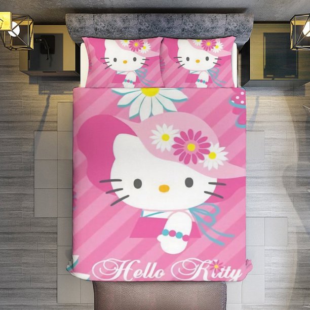 Hello Kitty Daisy 3 Pieces Duvet Cover Set Full Size Super Soft Fade Resistant Microfiber