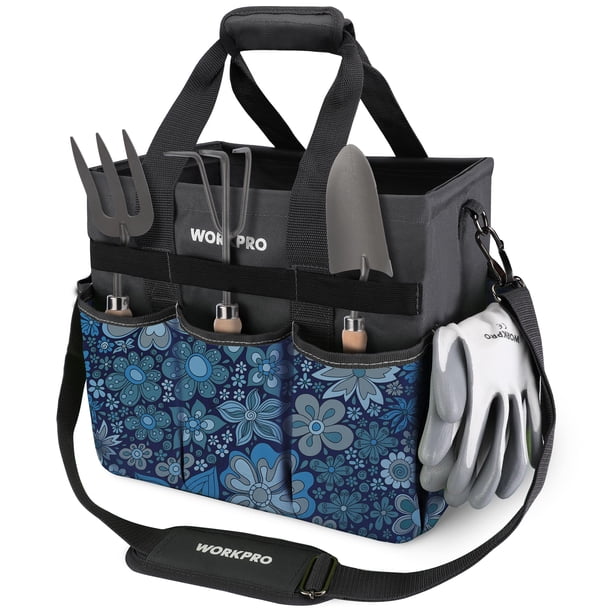 Bolsa Para Herramientas De Jardín Resistente De Alta Durabilidad Con 10 Bolsillos Azul Floral