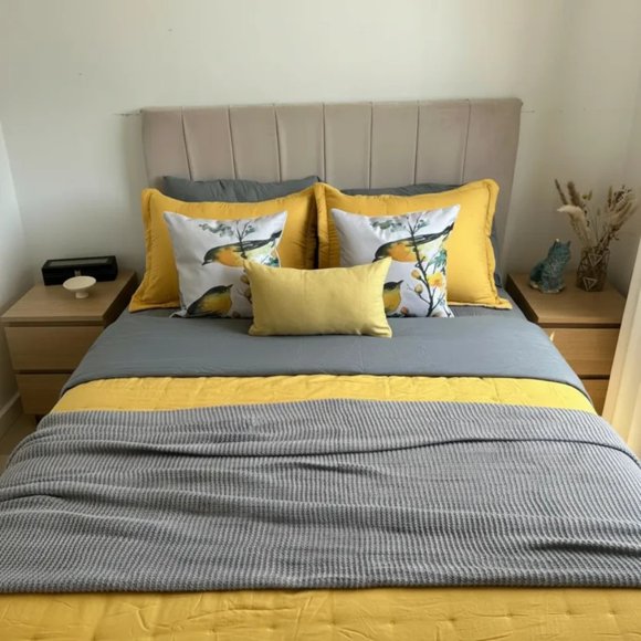 Set Ropa De Cama Gris Mostaza 6 Piezas Algodón + Chenille Amarillo Mostaza Y Gris 2 Plazas