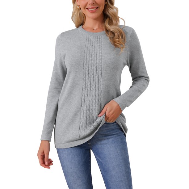 INSPIRE CHIC Suéter de Punto de Cable Cómodo para Mujer de Otoño Invierno, Ajuste Holgado, Cuello Redondo Casual, Talla L, Gris