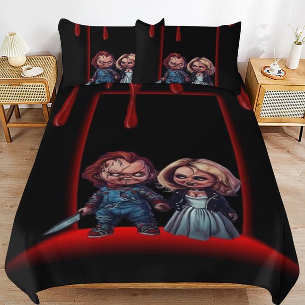 Bride of Chucky And Tiffany Bedding Set Duvet Cover Comfortable and Lightweight Cartoon Bedding 3 Piece Bed Set