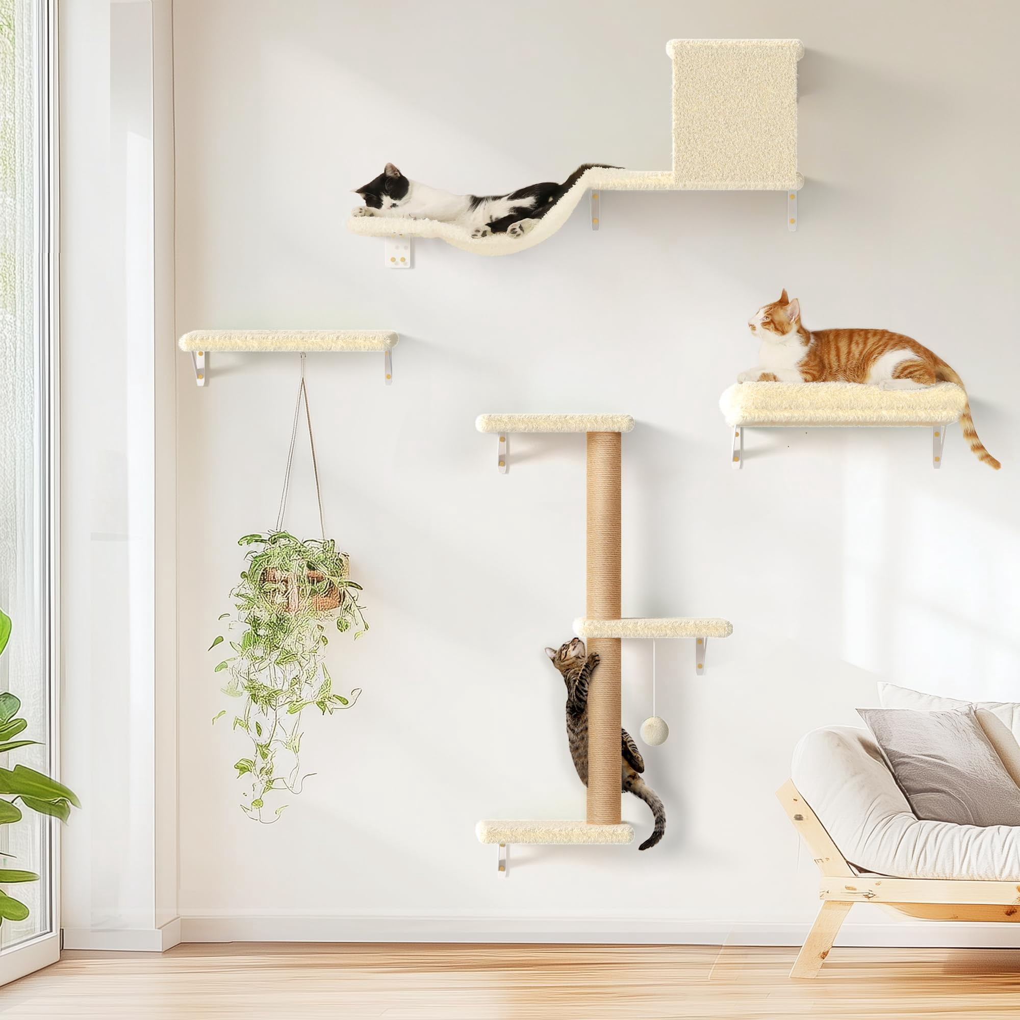 Set De Estanterías De Pared Para Gatos Fukumaru 4 En 1 De Madera Para Trepar, Color Beige