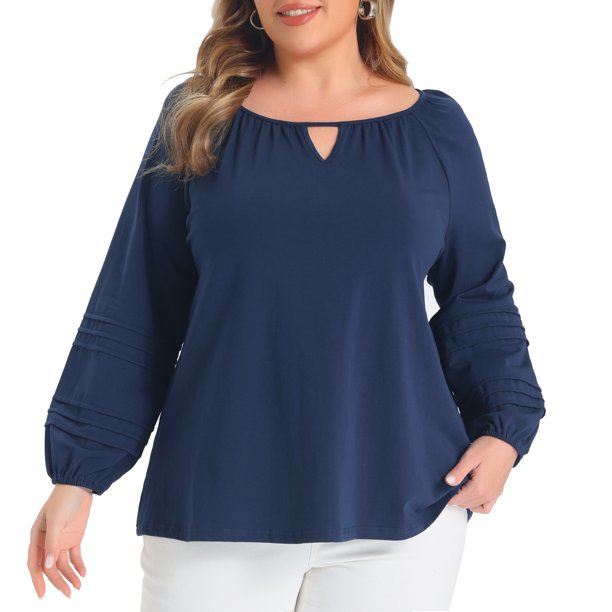 GRACE & GRANDEUR Blusas de Punto con Mangas de Farol y Cuello de Ojal para Mujer de Talla Grande, Casual y a la Moda, Talla 1X Azul Marino