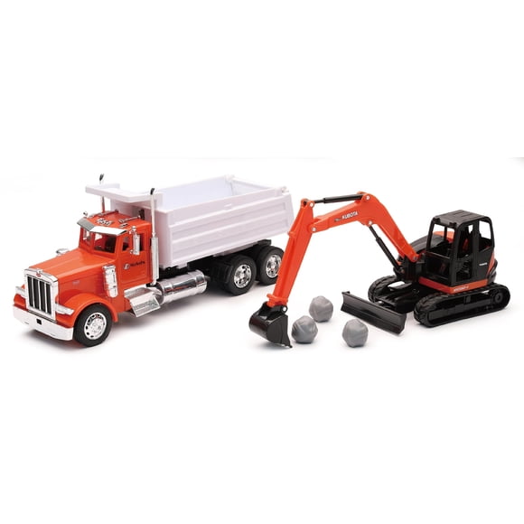 Modelo a escala de metal NewRay Peterbilt camión volquete y excavadora Kubota