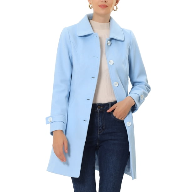 INSPIRE CHIC Abrigo de Invierno para Mujer con Cuello Peter Pan, Corte en Línea A hasta el Muslo, Abrigo de Guisante con Botonadura Simple, Talla S, Azul
