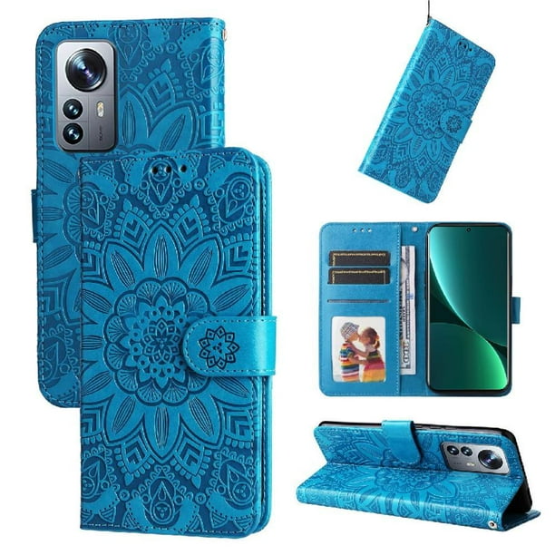 Funda tipo cartera FOXDOCK para Xiaomi 12 Pro , diseño girasol en relieve, cuero PU, cierre magnético, soporte y tarjetero