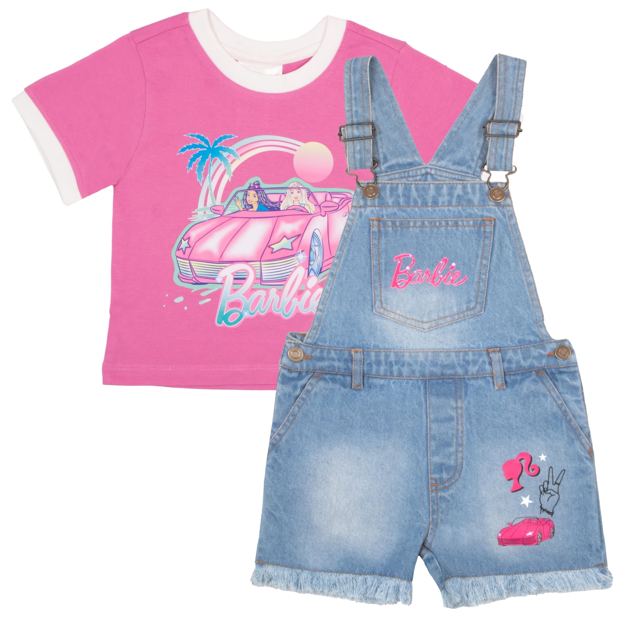 Conjunto De Ropa Barbie: Camiseta De Cuello Redondo Y Pantalones Cortos De Mezclilla Para Niña