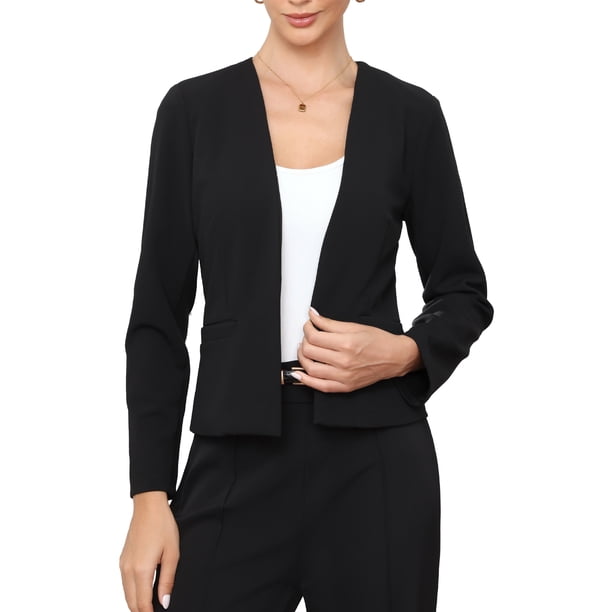 INSPIRE CHIC Blazer para el trabajo de oficina de mujeres, casual, de manga larga, abierto al frente, sin cuello, chaquetas de traje con bolsillos S Negro