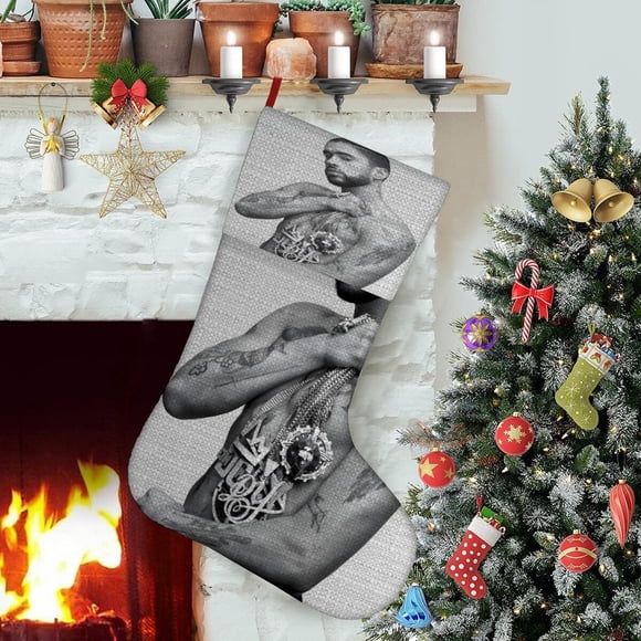 Bad Bunny Tema: Calcetines de Navidad, fino lino blanco para colgar en escaleras y chimenea, decoración navideña para el hogar, regalo de Navidad. 54cm × 38cm