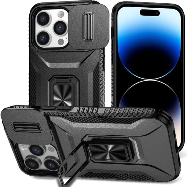 Funda Armada para iPhone 14 Pro Max con Tapa Deslizante y Soporte Magnético Giratorio Negro