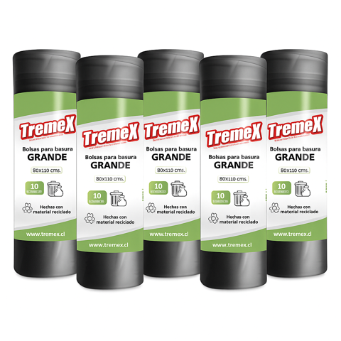 Pack 5 Rollos Bolsa De Basura Negra Tremex 80X110 Cm – 10 Unidades Por Rollo, Resistentes Y Ecológicas