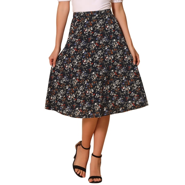 INSPIRE CHIC Falda Midi de Línea A para Mujer Vuelta al Colegio Estampado Floral Chiffon Vintage Verano Faldas Negro Rojo L