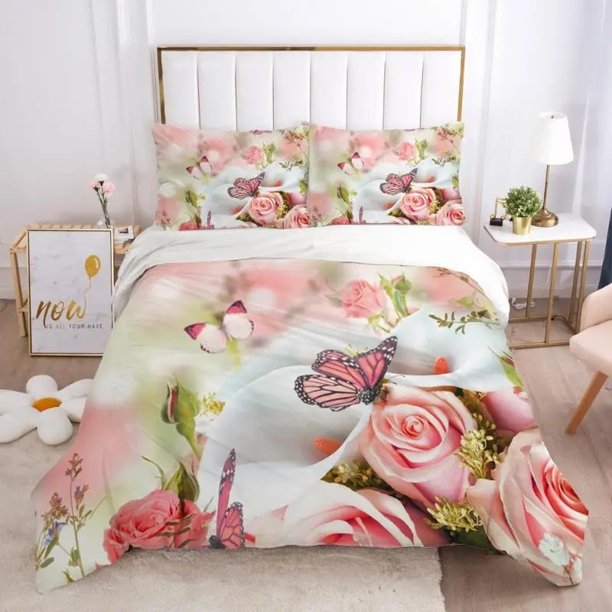 Butterfly Duvet Cover Set for Girls and Teens Pink Butterflies Rose Printed Comforter Fresh Theme Quilt Cover for Women