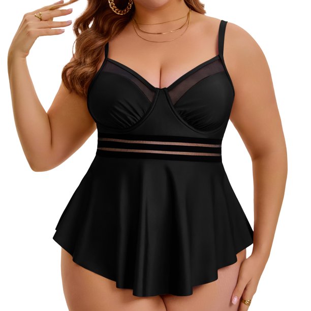 Agnes Orinda Traje de Baño de Dos Piezas para Mujer de Talla Grande para Escuela y Universidad, Conjunto de Tankini con Cuello en V y Shorts, Control de Abdomen Fruncido para Playa y Piscina 1X Negro