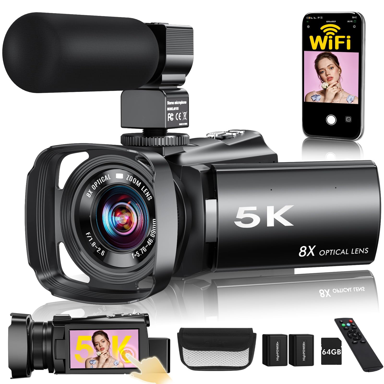 Cámara De Vídeo Anteam 5k, 64 Mp, Wifi, Vlogging, Zoom 8x, 3.5 Pulgadas