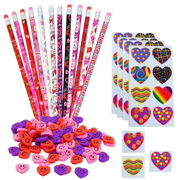 Set de papelería 4E Novelty para el Día de San Valentín para niños con 36 lápices, 36 gomas de borrar en forma de corazón y 104 pegatinas