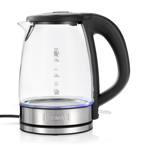 Hervidor Eléctrico de Vidrio Thomas TH-4725V 1,7 Litros 2200W Tetera Jarro Eléctrico Hervidor de Agua Vidrio Templado Base Giratoria 360° Apagado Automático Negro