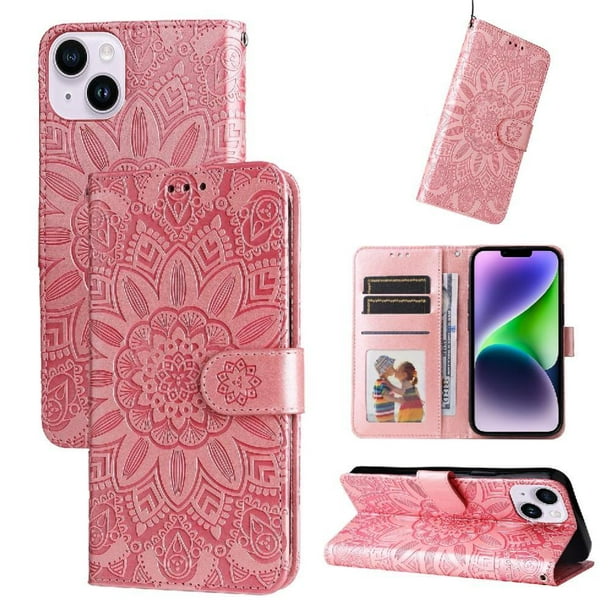 Funda tipo cartera FOXDOCK para iPhone 15 Plus , diseño girasol en relieve, cuero PU, cierre magnético, soporte y tarjetero