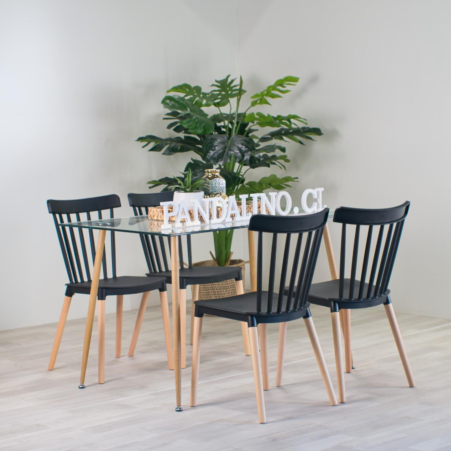 Pandalino - Comedor Moderno Mesa Vitreo 120x80 + 4 Sillas Windsor Negras Negro