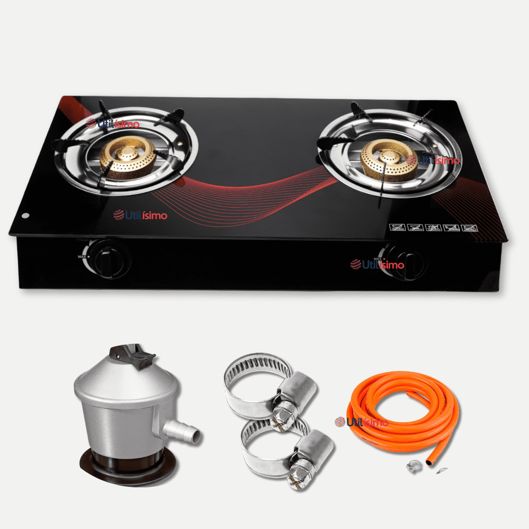 Line - Cocina Encimera A Gas Licuado Vidrio 2 Platos Cocinilla Negro+ Kit De Instalación