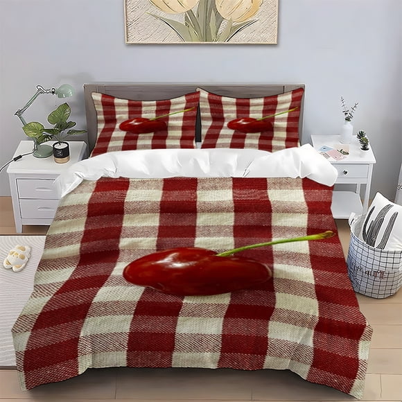 Cherry Red and White Check Print Bedding Set Made of Durable