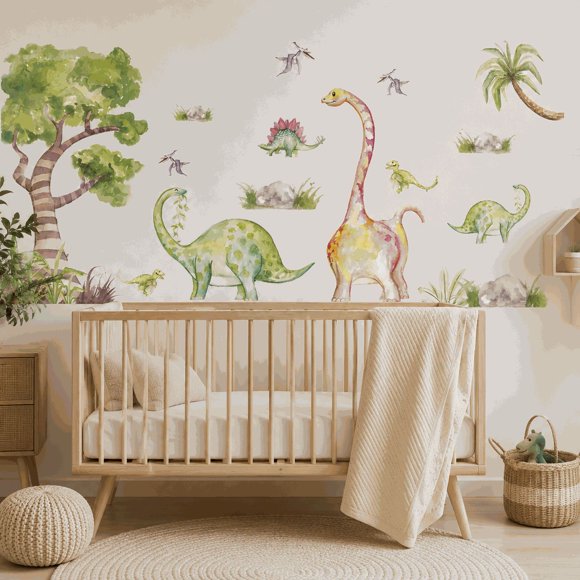Vinilo Sticker de Pared Infantil Dinosaurios Bebé Acuarela Set 2 Láminas 90x30 Cm