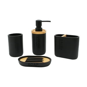 Stretto - Kit Accesorios Baño Resina 4 Piezas Negro/Bamboo