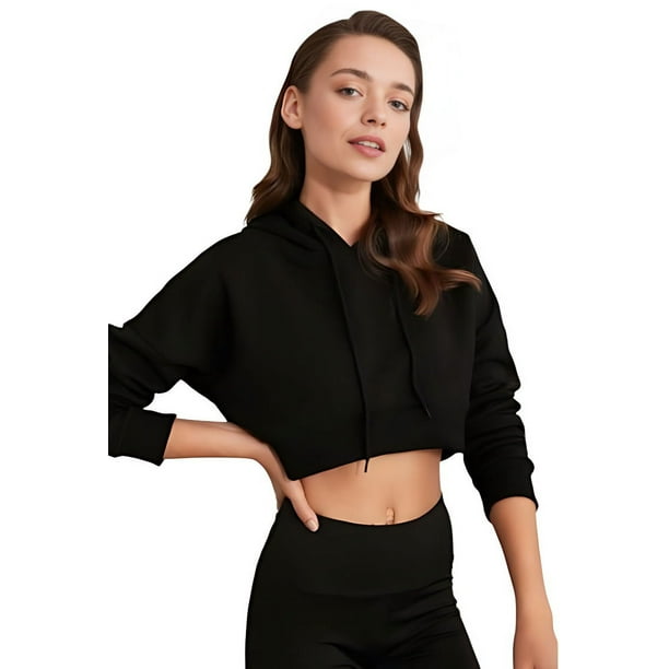 Poleron Crop Mujer Negro Escorte Detrás Con Capucha Talla M