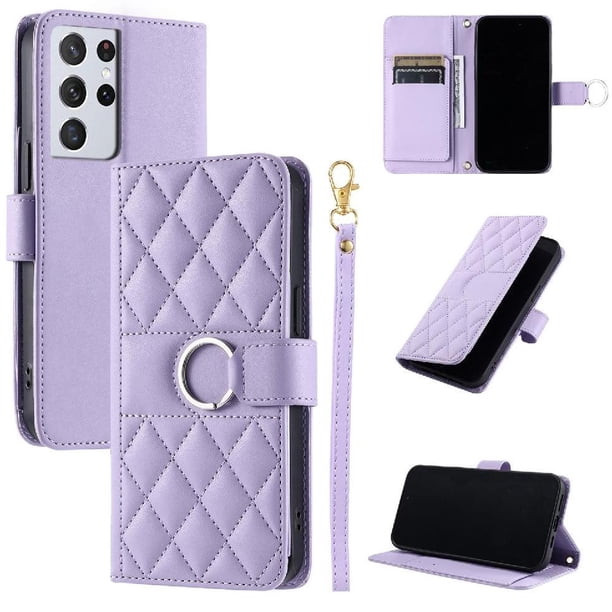 Funda Acolchada con Anilla y Correa para Samsung Galaxy S21 Ultra Slots para Tarjetas Morado