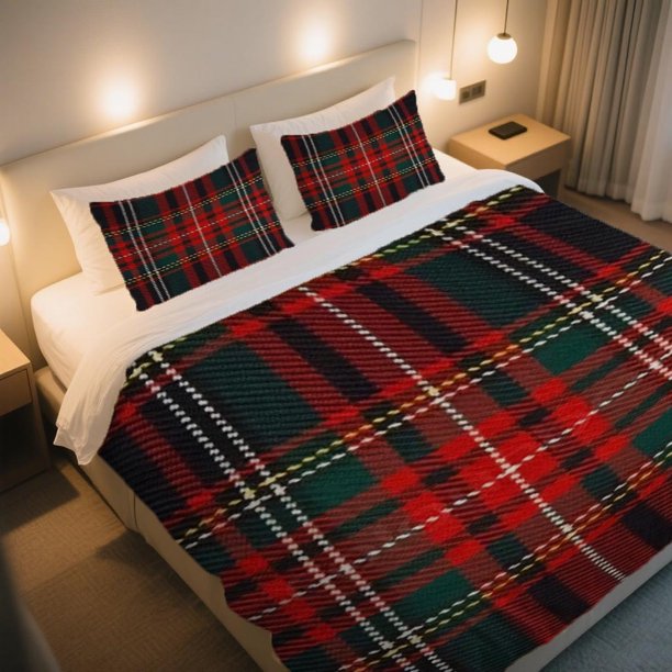 Traditional Plaid Pattern Dark Green and Red Duvet Cover Set Bedding Ensemble for Universal Home Decor Hotel Themed Suites & Lounges