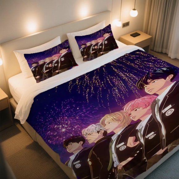 Group PLAVE in Black Uniforms with Fireworks Duvet Cover Set The Thanksgiving And Independence Day Cartoon Vintage Pattern Duvet Cover Set Brings a Fresh And Bright