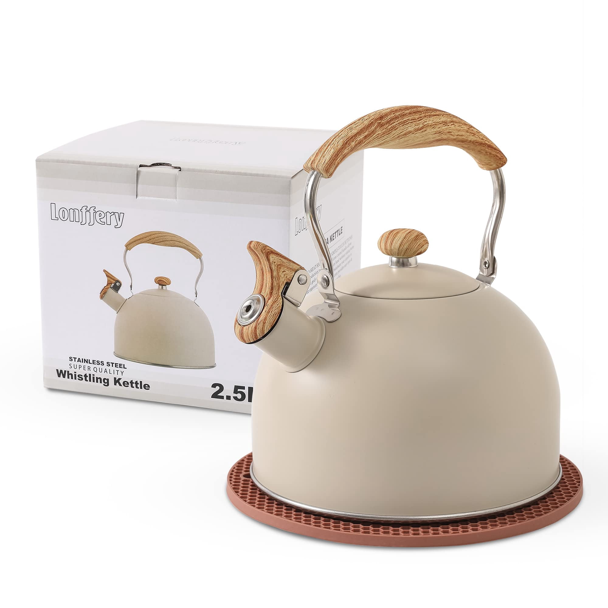 Tetera Lonffery De 2,5 Litros Para Estufa, Silbando, Color Blanco Cremoso