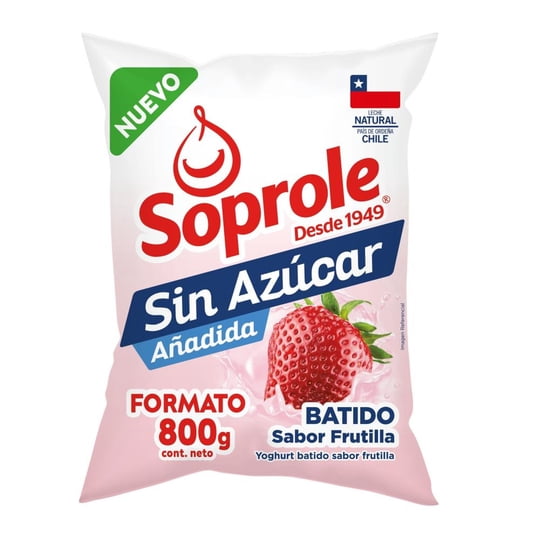 Yoghurt Batido Frutilla Bolsa Sin Azúcar Bolsa 800 g Soprole
