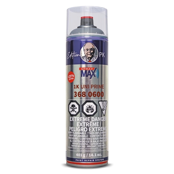 SprayMax 1K Uni Prime Gris | Imprimación de alto espesor para metal, aluminio y plásticos | Excelente adherencia, lijabilidad y protección anticorrosiva | Pintura en aerosol para automoción | 14 oz