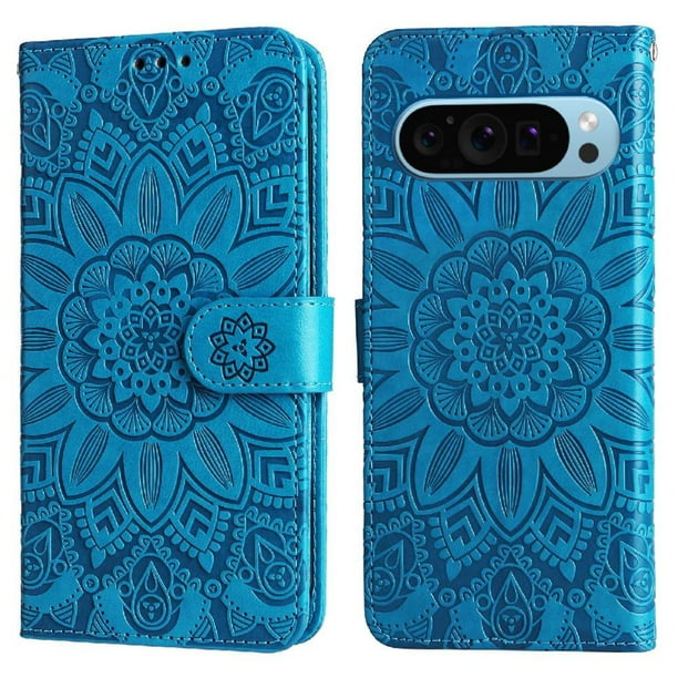 Funda tipo cartera FOXDOCK para Google Pixel 9 Pro , diseño girasol en relieve, cuero PU, cierre magnético, soporte y tarjetero