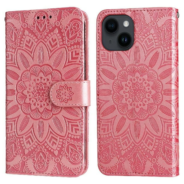 Funda tipo cartera FOXDOCK para iPhone 13 , diseño girasol en relieve, cuero PU, cierre magnético, soporte y tarjetero