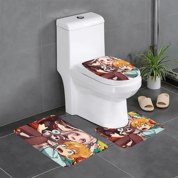 Toilet Bound Hanako Kun Juego de 3 alfombras de baño de coral fleece: tapete de baño + alfombra de inodoro en forma de U + funda de tapa de inodoro en forma de O