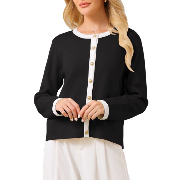INSPIRE CHIC Chaqueta de Punto con Botones para Mujer, Cuello Redondo, Ribete en Contraste, Manga Larga, Talla 2XL, Negro