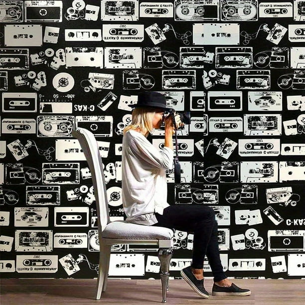 1 Roll Retro Cassette Tape Photo Wallpaper, Instant Paste, Student Dormitory, Fashion Life, Hall Dessert Shop, Hair Salon Shop, For Wall Decoration , 17.72*78.74in