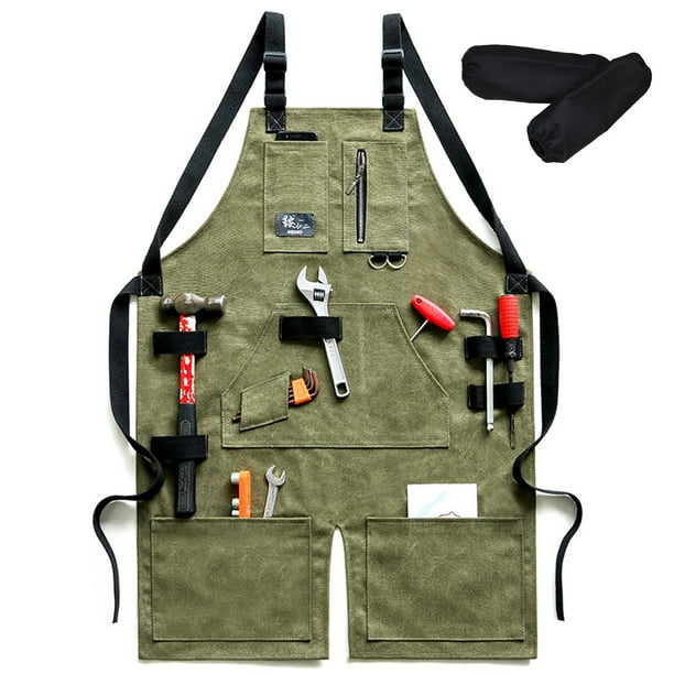 Delantales de carpintería para hombre y mujer | Delantal de trabajo de lona encerada resistente con bolsillos | Tirantes cruzados | Delantal ajustable hasta talla XXL | Regalo para carpintero