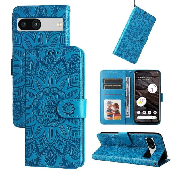 Funda tipo cartera FOXDOCK para Google Pixel 7A , diseño girasol en relieve, cuero PU, cierre magnético, soporte y tarjetero