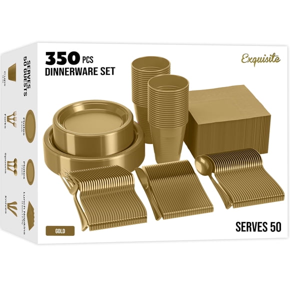 Juego de vajilla de fiesta desechable, 350 piezas, color dorado para 50 invitados