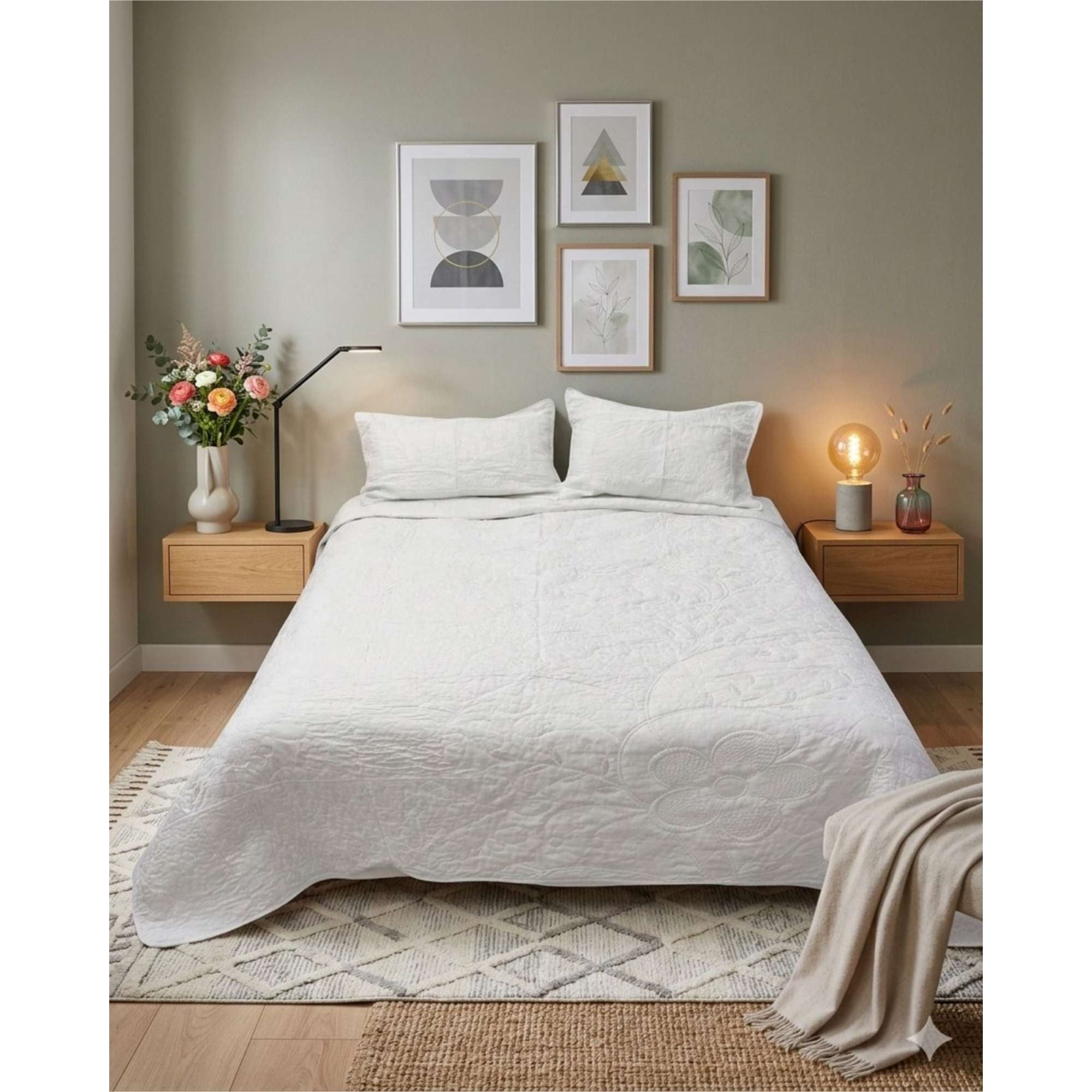 Imac Hogar - Cubrecama Quilt Bordado King Mas Fundas De Almohadas Estilo Botánico